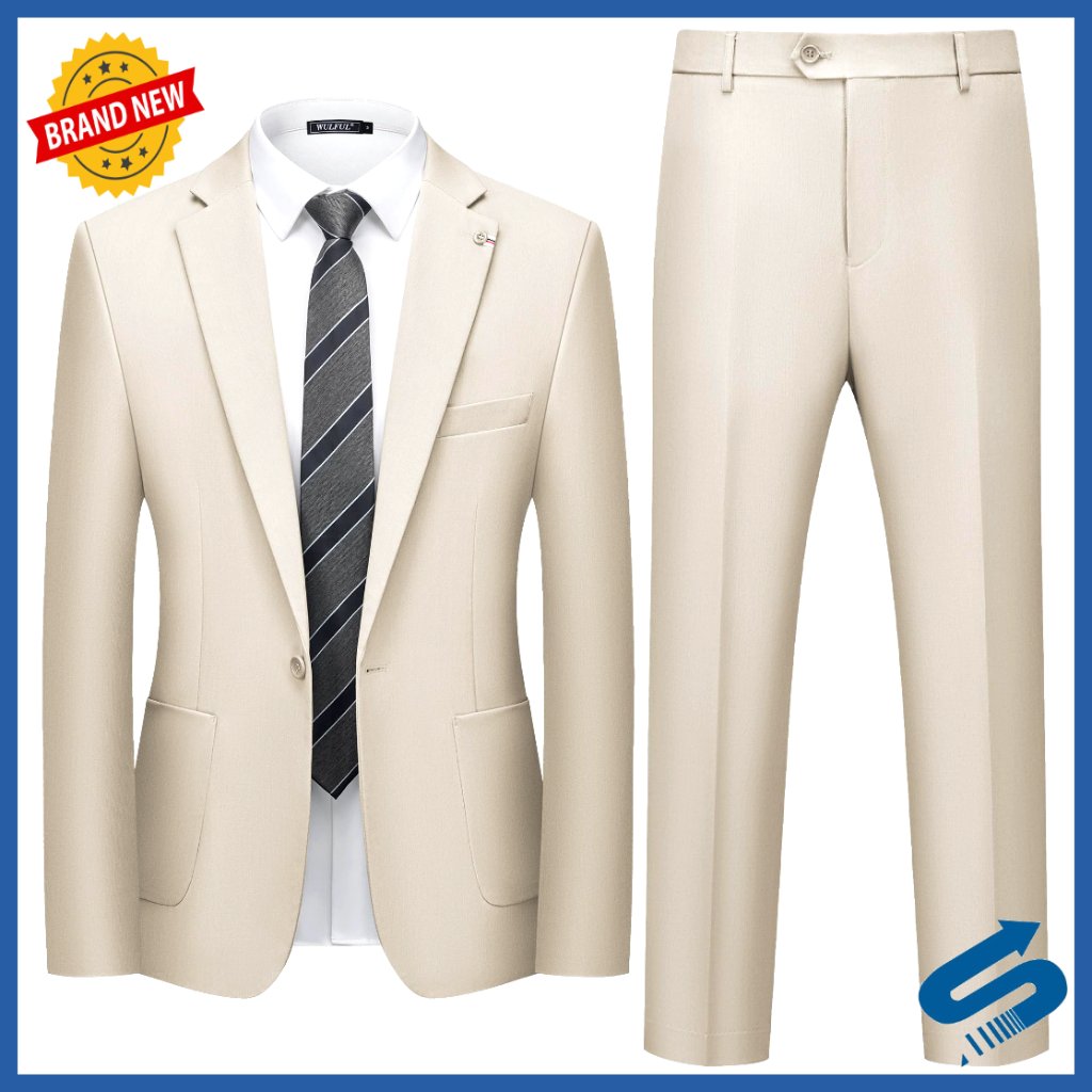 Slim Fit One Button Blazer Pants Suit Set Stretch Polyester Spandex